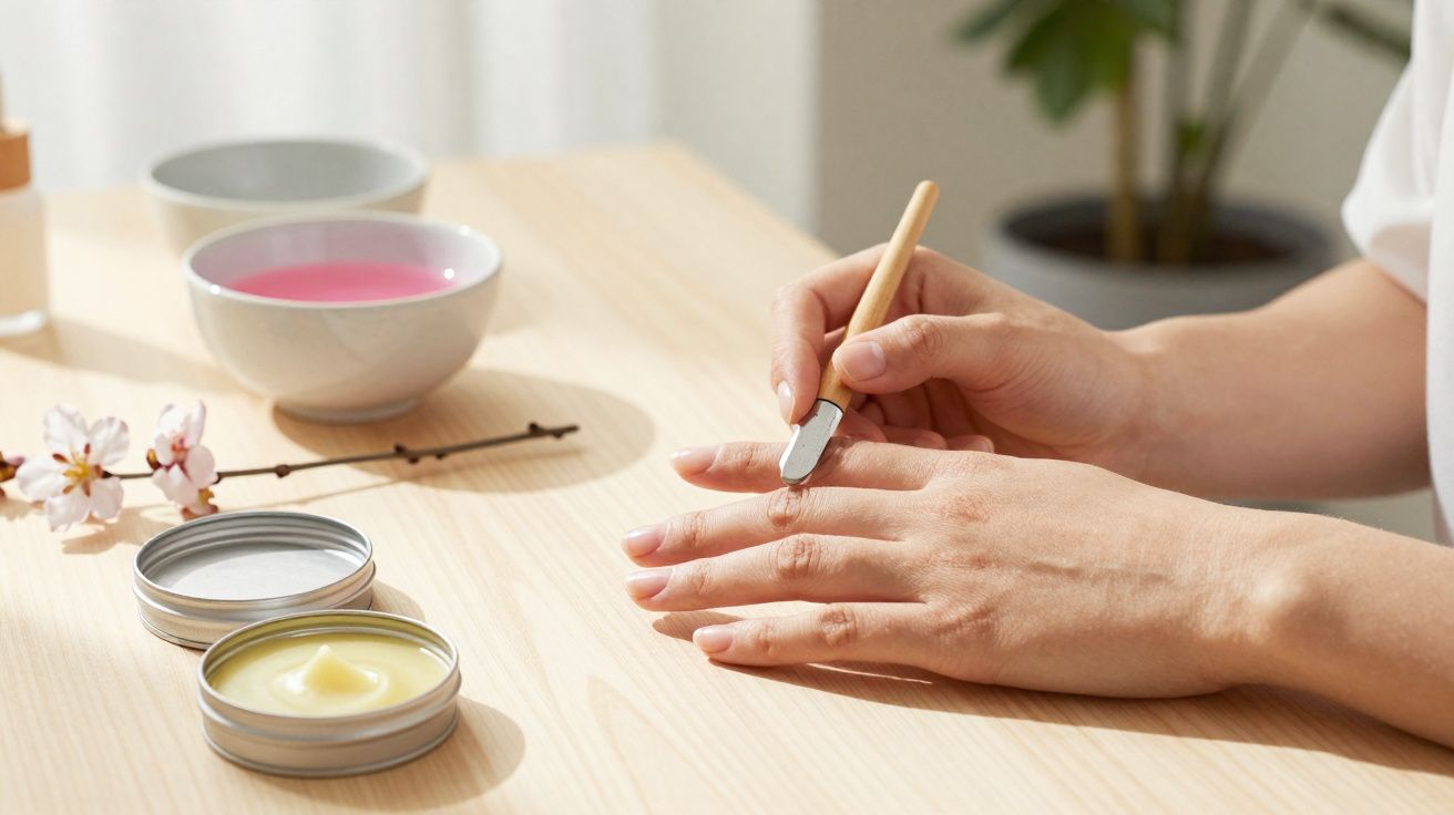 Mãos a receber tratamento de cuidado com creme, espátula e tigelas sobre mesa de madeira clara.