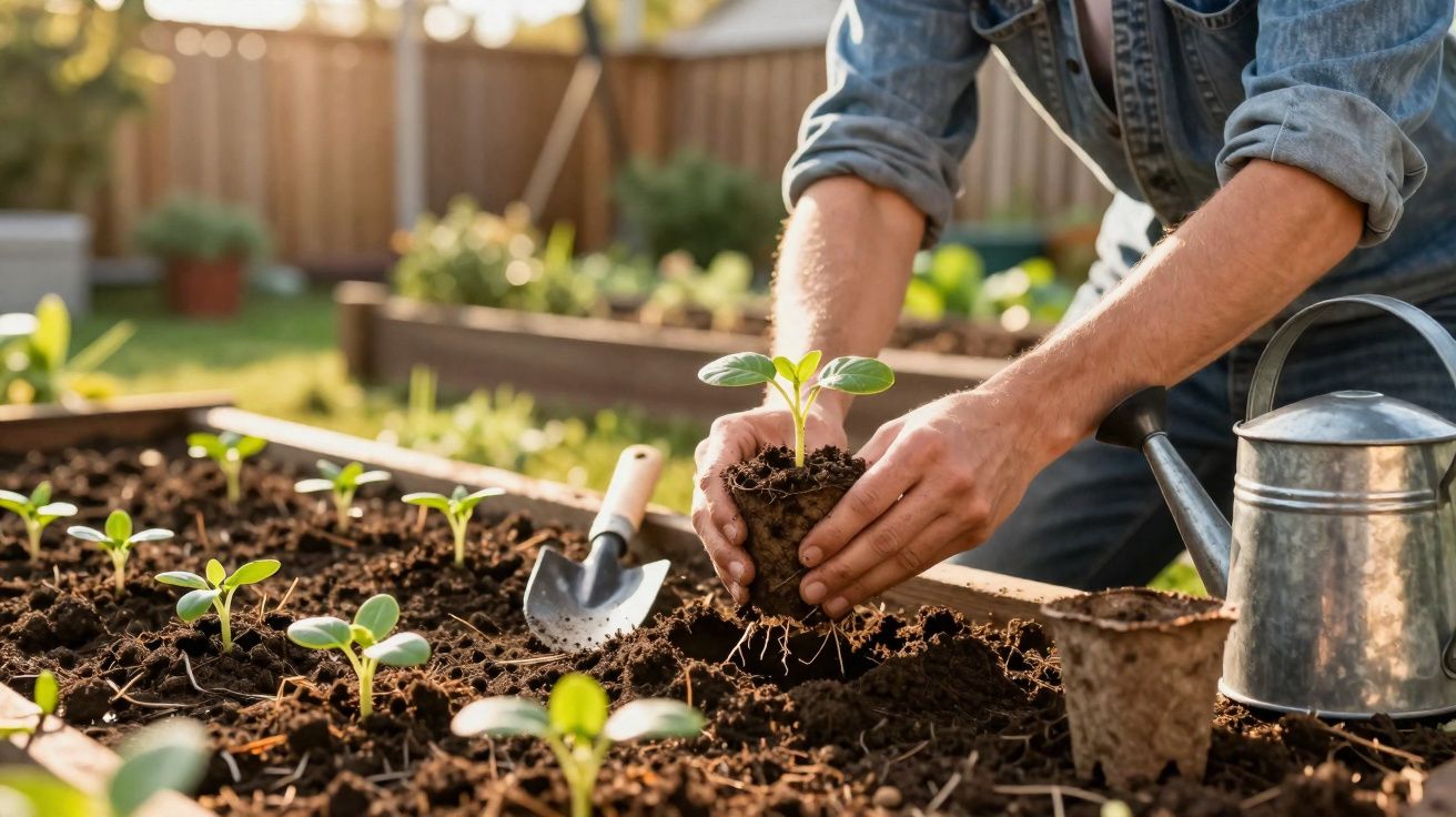 Pessoa a transplantar muda numa horta com regador, pá pequena e várias plantas jovens no solo.