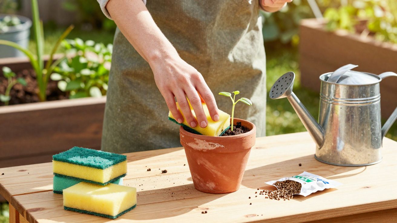 Pessoa a limpar vaso com planta jovem à frente de regador e saco de sementes em mesa de madeira no jardim.