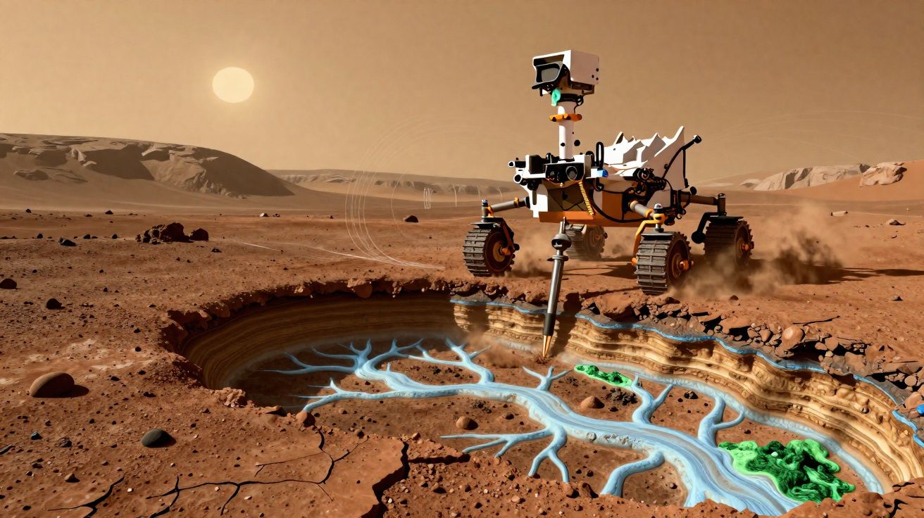 Rover explorando o solo marciano com um rio subterrâneo azul visível numa cratera.
