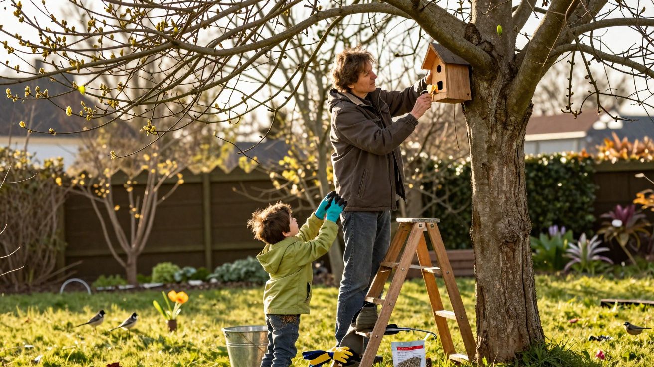 Homem e criança a instalar uma casa de pássaros numa árvore num jardim ensolarado na primavera.