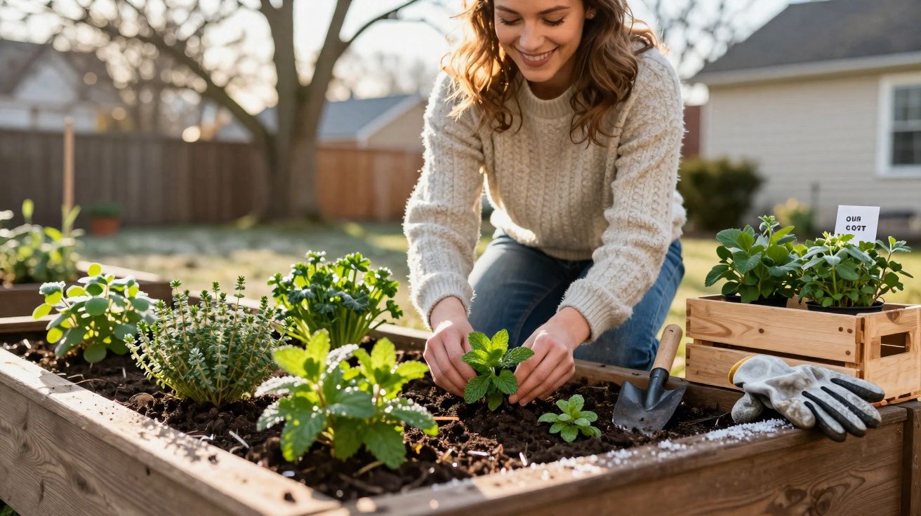 Mulher jovem a plantar ervas aromáticas numa horta elevada de madeira num jardim ensolarado.