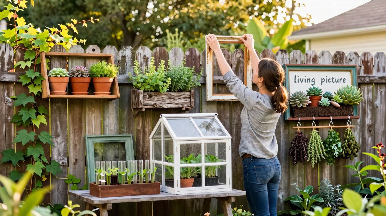 Mulher a organizar moldura num jardim com várias plantas e suculentas junto a cerca de madeira.