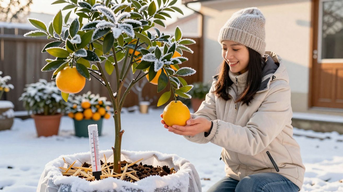 Mulher de gorro e casaco colhe fruta num jardim com neve e termómetro visível na planta.