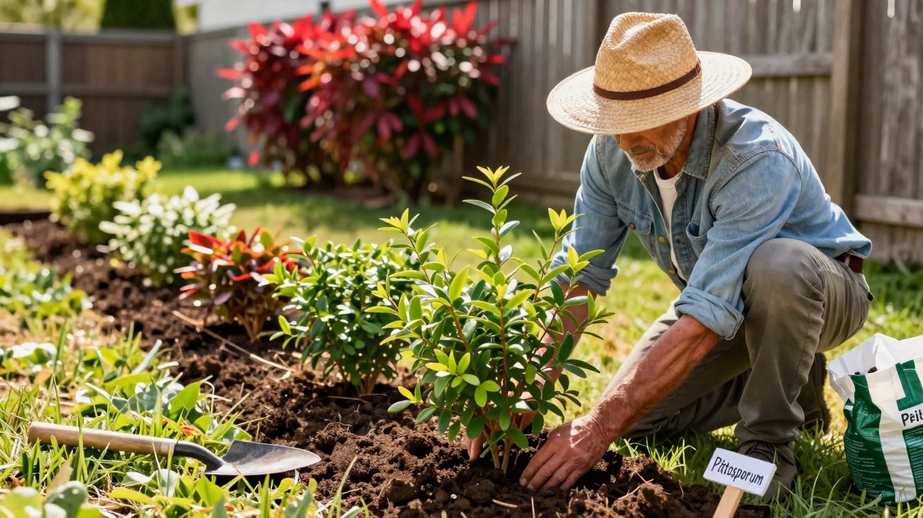 Homem com chapéu a plantar arbusto num jardim ensolarado com ferramentas e saco de fertilizante perto.