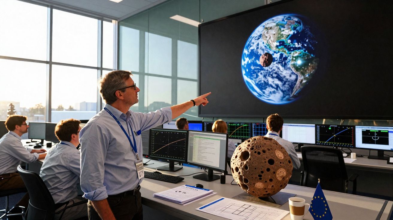 Equipa de cientistas num centro de controlo observando dados e imagens da Terra e de um asteroide numa grande tela.