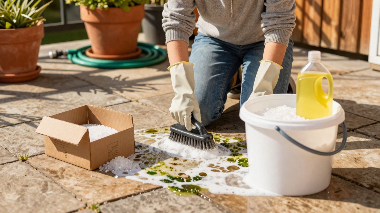Pessoa a limpar chão exterior de pedra com escova, espuma e produtos de limpeza.
