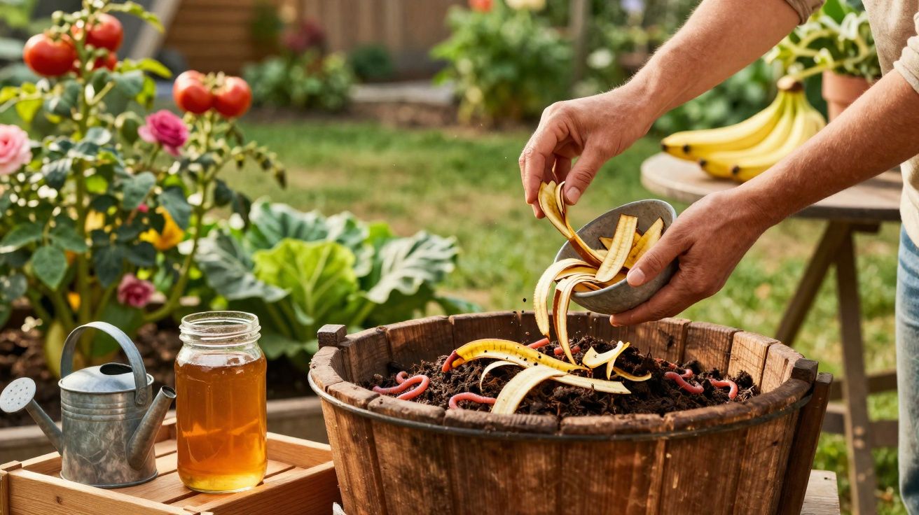 Pessoa a adicionar cascas de banana à composteira com minhocas num jardim, ao lado de um regador e um frasco de mel.