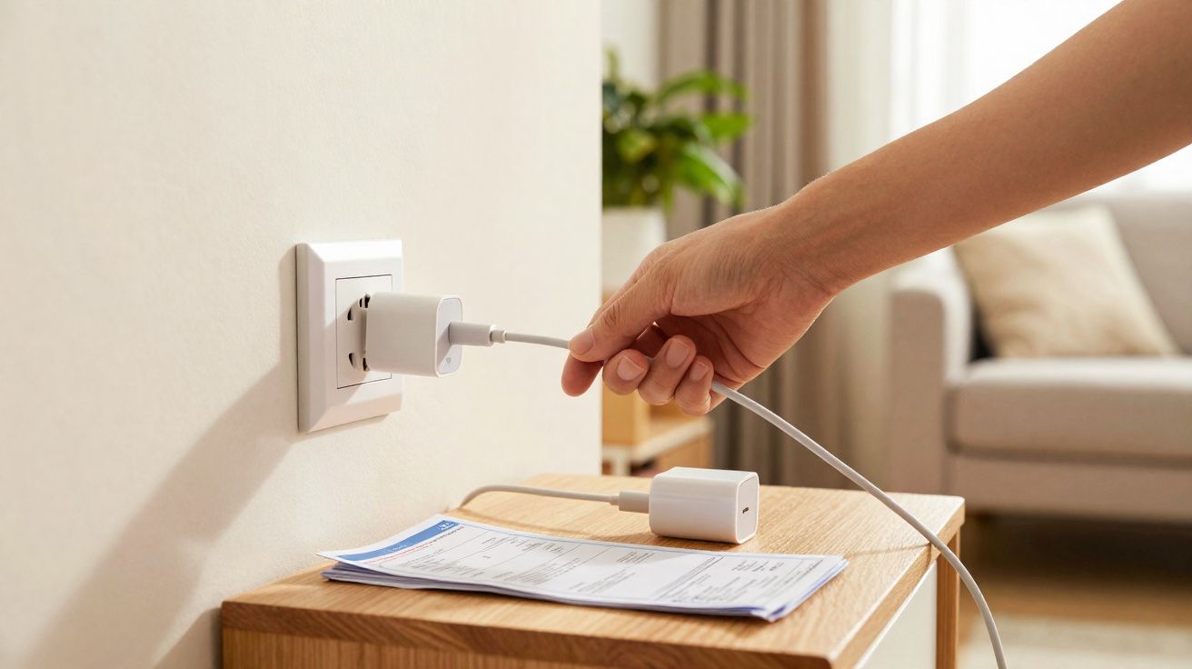 Mão a ligar um carregador branco numa tomada, sobre uma mesa com documentos, em sala de estar iluminada.