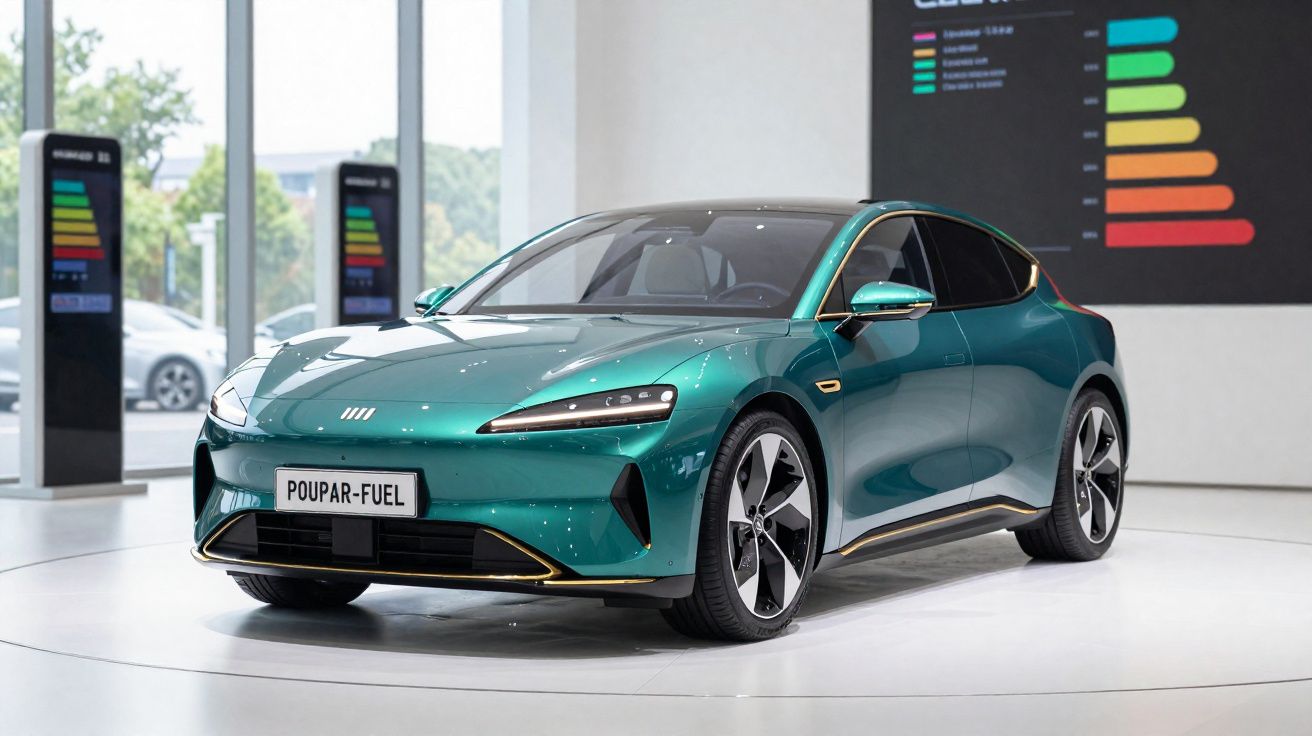Carro elétrico verde metálico com design moderno exibido em showroom com painel de eficiência energética ao fundo.