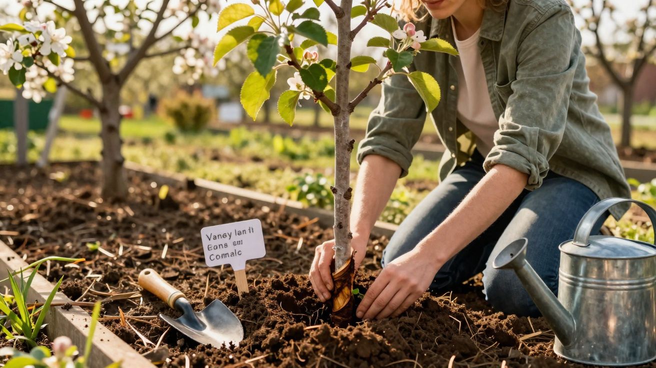 Pessoa a plantar árvore florida num canteiro, com regador e enxada metálica ao lado.