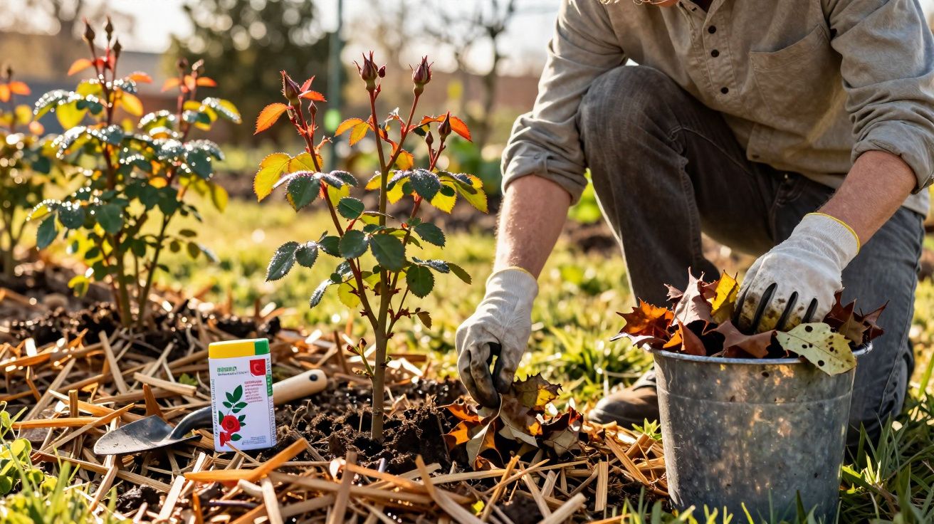 Pessoa a cuidar de roseira, retirando folhas secas e a usar luvas num jardim ao ar livre.