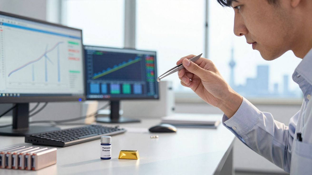 Pessoa a analisar uma pepita de ouro com gráficos financeiros em dois ecrãs ao fundo.