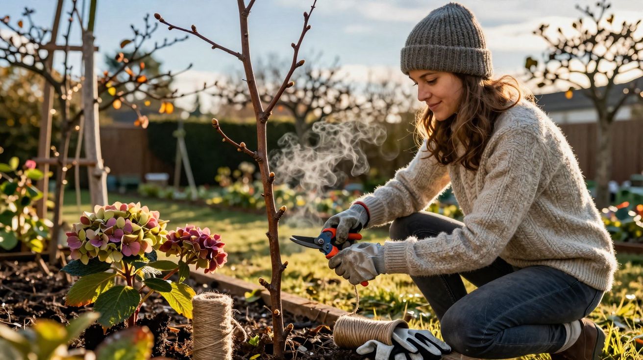 Mulher a podar árvore jovem num jardim, vestindo camisola, gorro e luvas, em dia ensolarado de inverno.