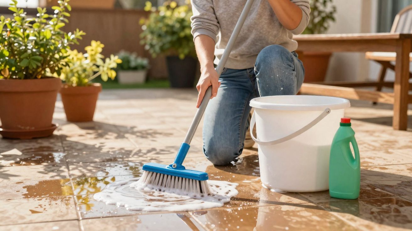 Pessoa a esfregar o chão exterior com escova, balde branco e detergente verde ao lado, em dia soalheiro.