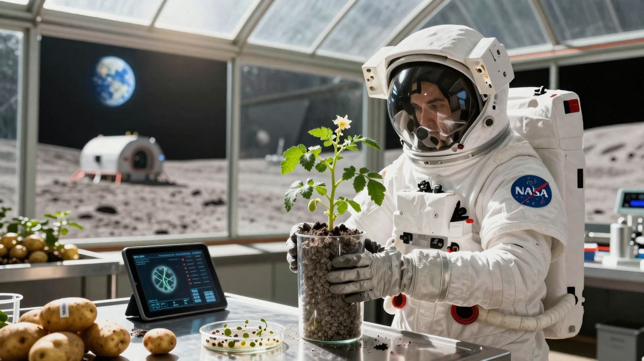 Astronauta da NASA cultiva planta em estufa lunar com Terra visível ao fundo através da janela.
