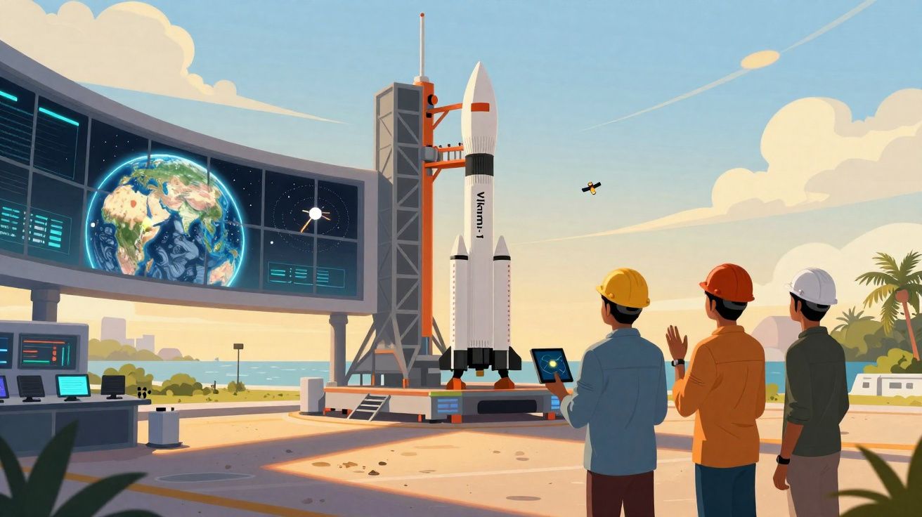 Três engenheiros observam foguetão pronto para lançamento numa base espacial com ecrã digital a mostrar a Terra.