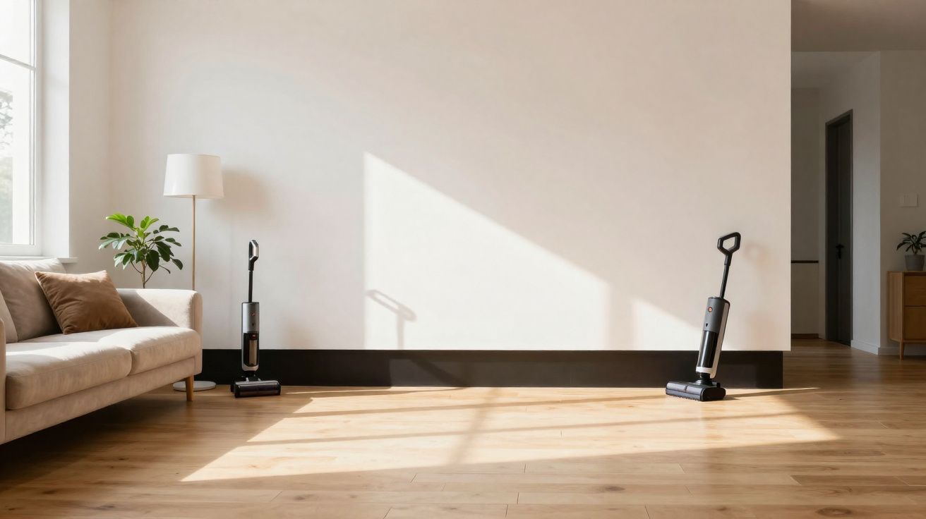 Sala de estar minimalista com chão de madeira, sofá bege, planta, candeeiro e dois aspiradores verticais.