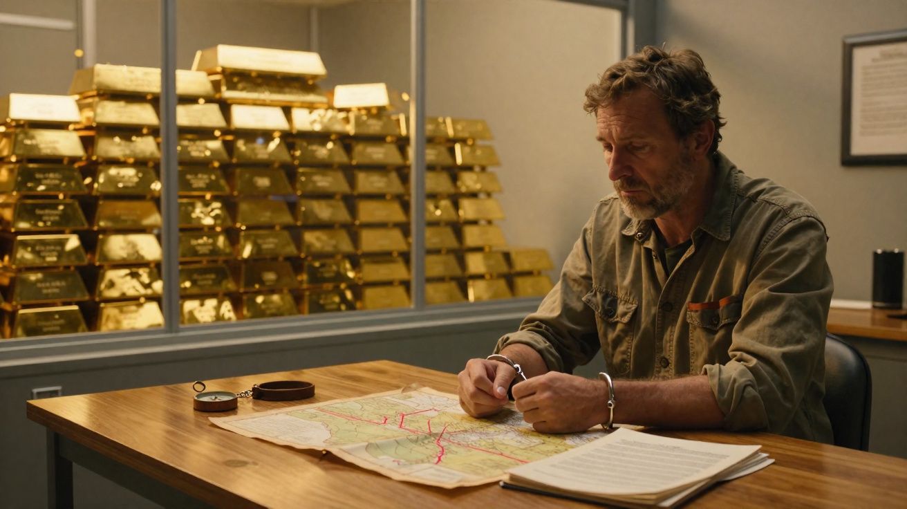 Homem algemado a estudar mapa numa sala com cofres de barras de ouro atrás.