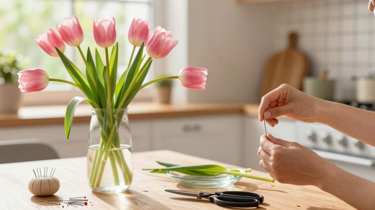 Mãos a preparar flores rosa num vaso de vidro numa cozinha iluminada com utensílios de jardinagem na mesa.