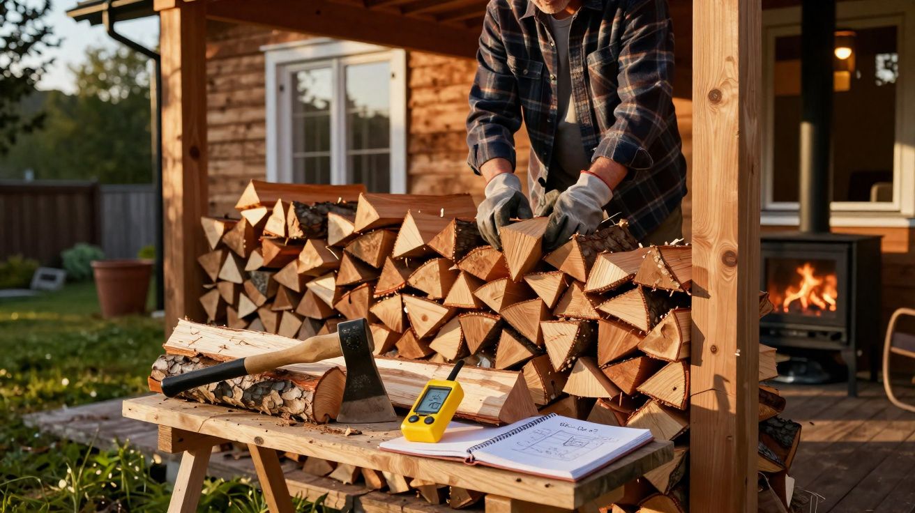 Pessoa a organizar lenha junto a uma casa de madeira com machado, bloqueador e caderno numa mesa.