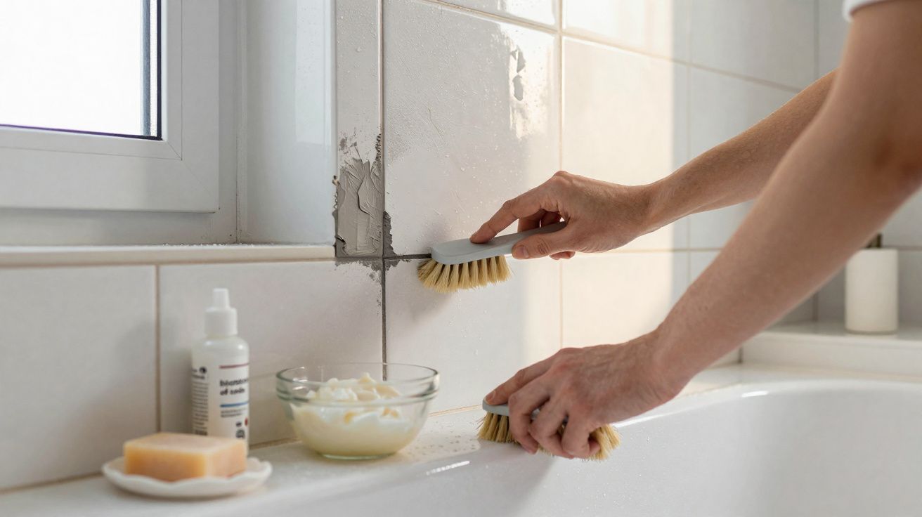 Mãos a limpar rejuntes das azulejos da casa de banho com escovas e produtos de limpeza.