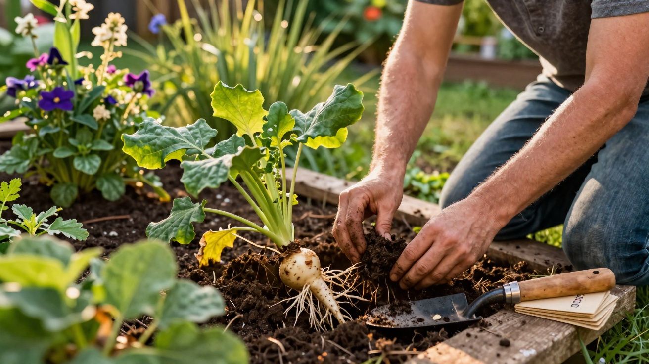 Pessoa a transplantar uma planta com raízes expostas num canteiro do jardim ao ar livre.