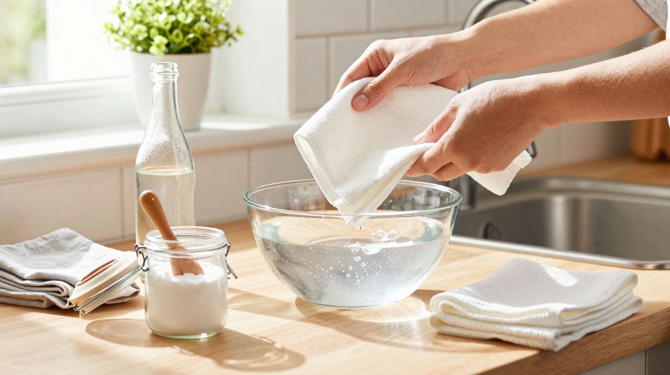 Mãos a enxaguar pano branco em água numa tigela sobre bancada de cozinha iluminada.