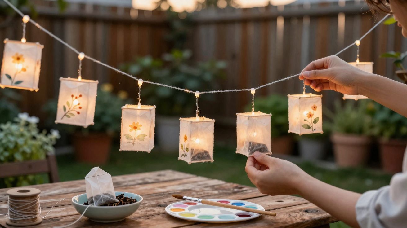 Mãos a pendurar luzes decorativas de papel com flores pintadas numa corda em ambiente exterior.