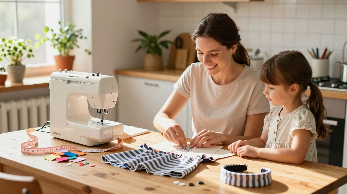 Mulher e menina juntas numa cozinha a fazer trabalhos manuais com máquina de costura e tecidos numa mesa.