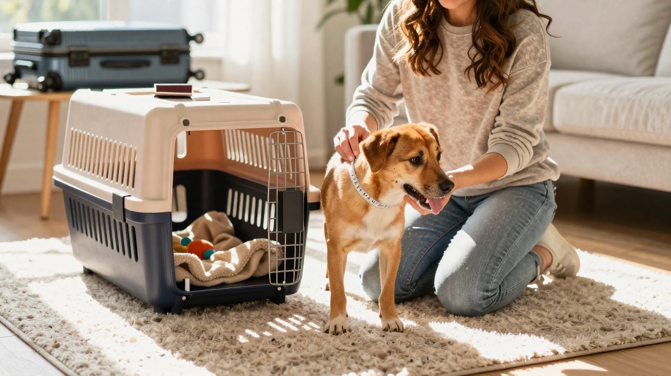 Mulher a brincar com cão pequeno ao lado de transportadora de animais numa sala iluminada.