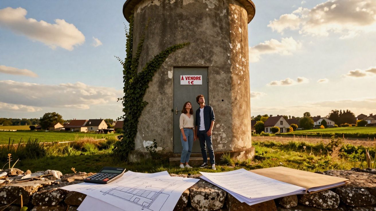 Casal observa moinho antigo à venda por 1 euro em zona rural, com plantas e documentos no primeiro plano.