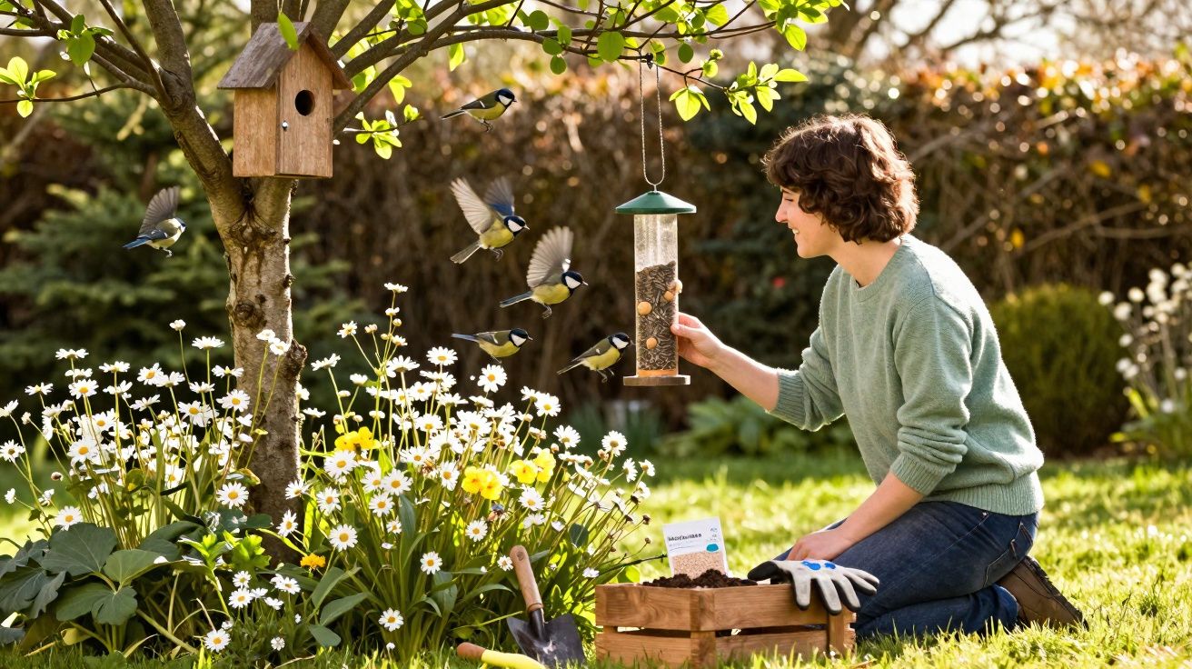 Pessoa a alimentar pássaros numa floreira pendurada num jardim com flores e casa para pássaros.
