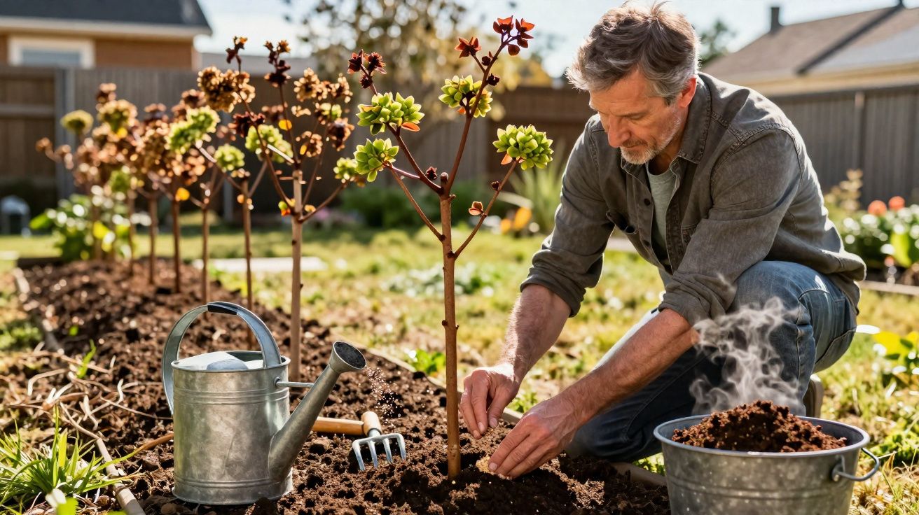 Homem a plantar árvores jovens num jardim ensolarado, com regador e balde de terra ao lado.