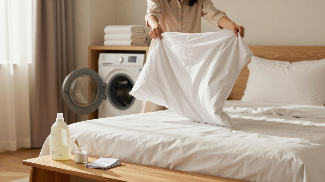 Pessoa a estender uma fronha branca num quarto com cama feita e máquina de lavar roupa ao fundo.