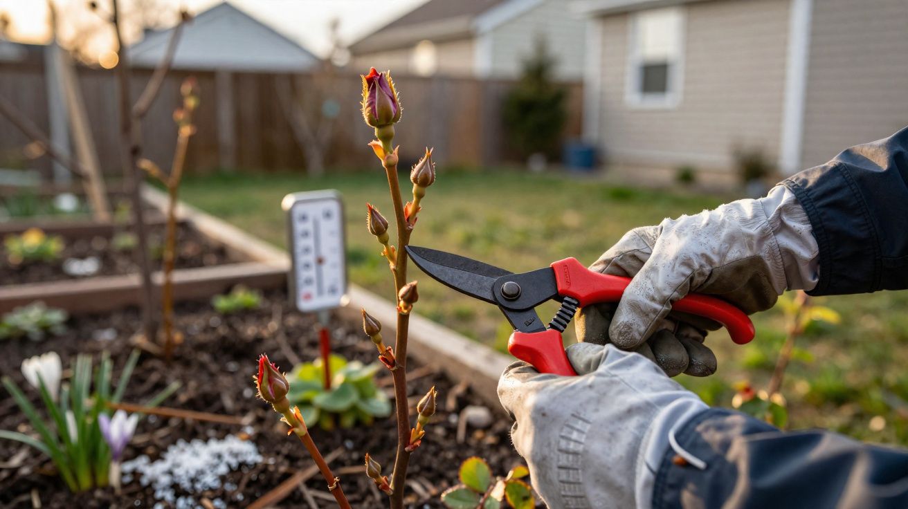 Pessoa com luvas a podar rebentos de roseira num jardim exterior durante o dia.