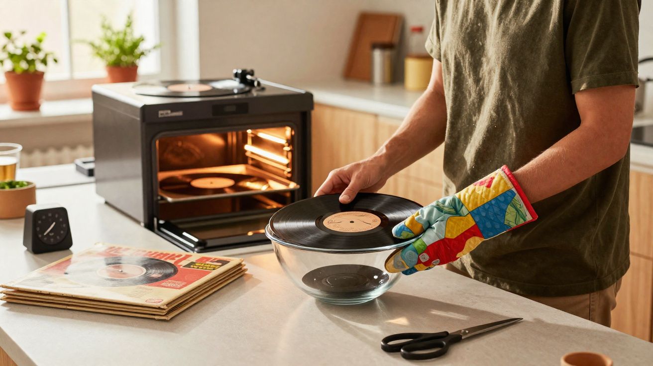 Pessoa a colocar disco de vinil dentro de forno pequeno numa cozinha moderna.