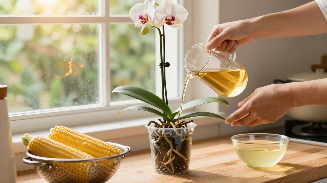 Pessoa a regar uma orquídea branca numa cozinha iluminada, com espigas de milho numa peneira ao lado.
