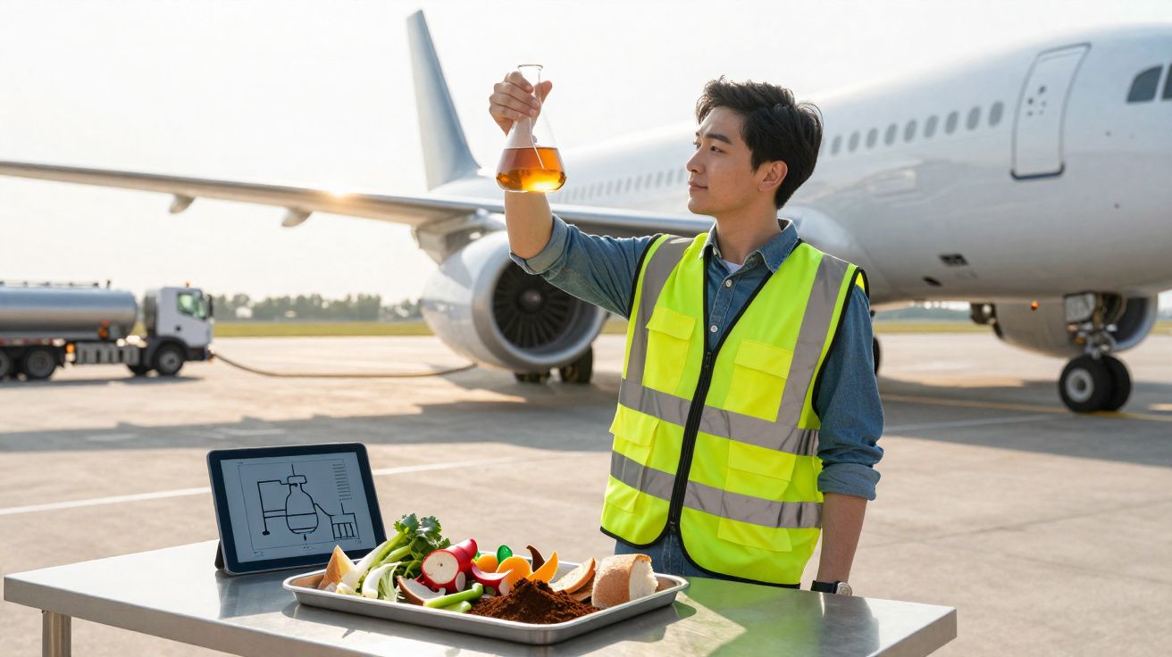 Homem com colete refletor examina líquido em frasco, junto a avião e mesa com alimentos e tablet no aeroporto.