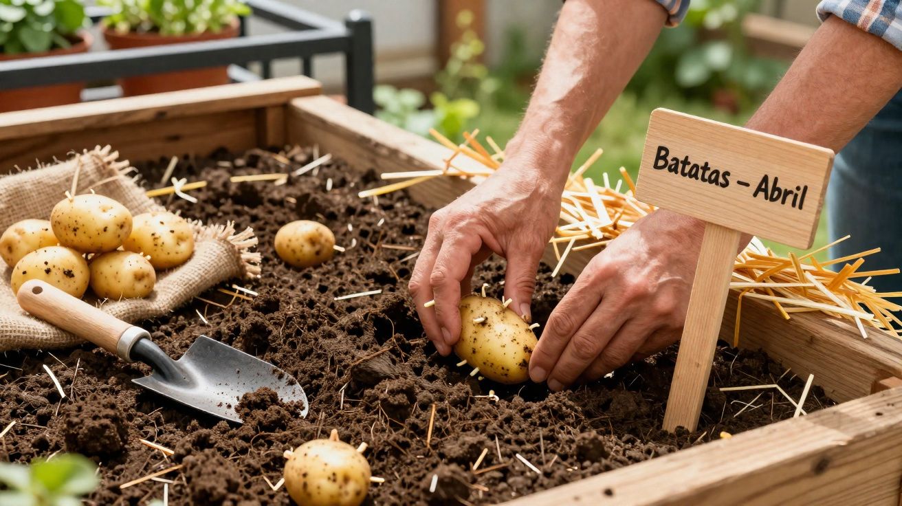 Mãos a plantar batatas num canteiro com placa identificativa "Batatas - Abril" e enxada ao lado.