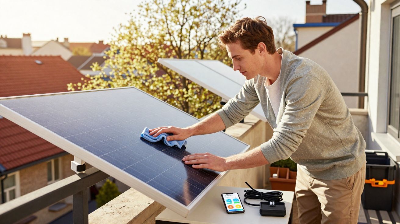 Homem limpa painéis solares na varanda de uma casa num dia ensolarado.