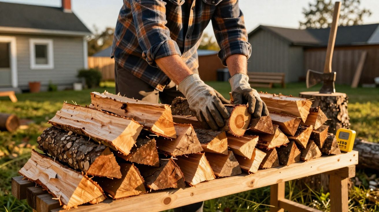 Pessoa a organizar lenha cortada em cima de uma mesa de madeira num jardim ao final da tarde.