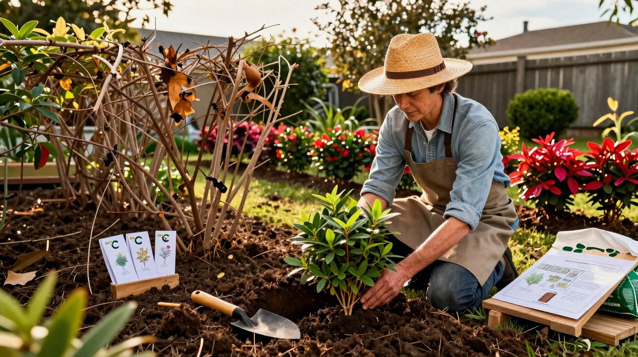 Pessoa a plantar arbusto num jardim com chapéu de palha e ferramentas de jardinagem ao lado.