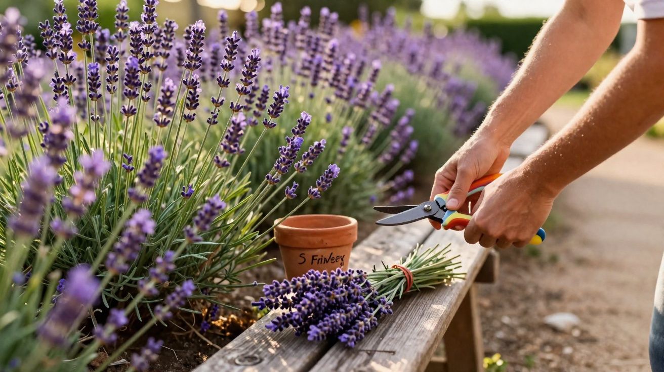 Pessoa a cortar raminhos de lavanda com tesoura, junto a um vaso num banco de madeira.