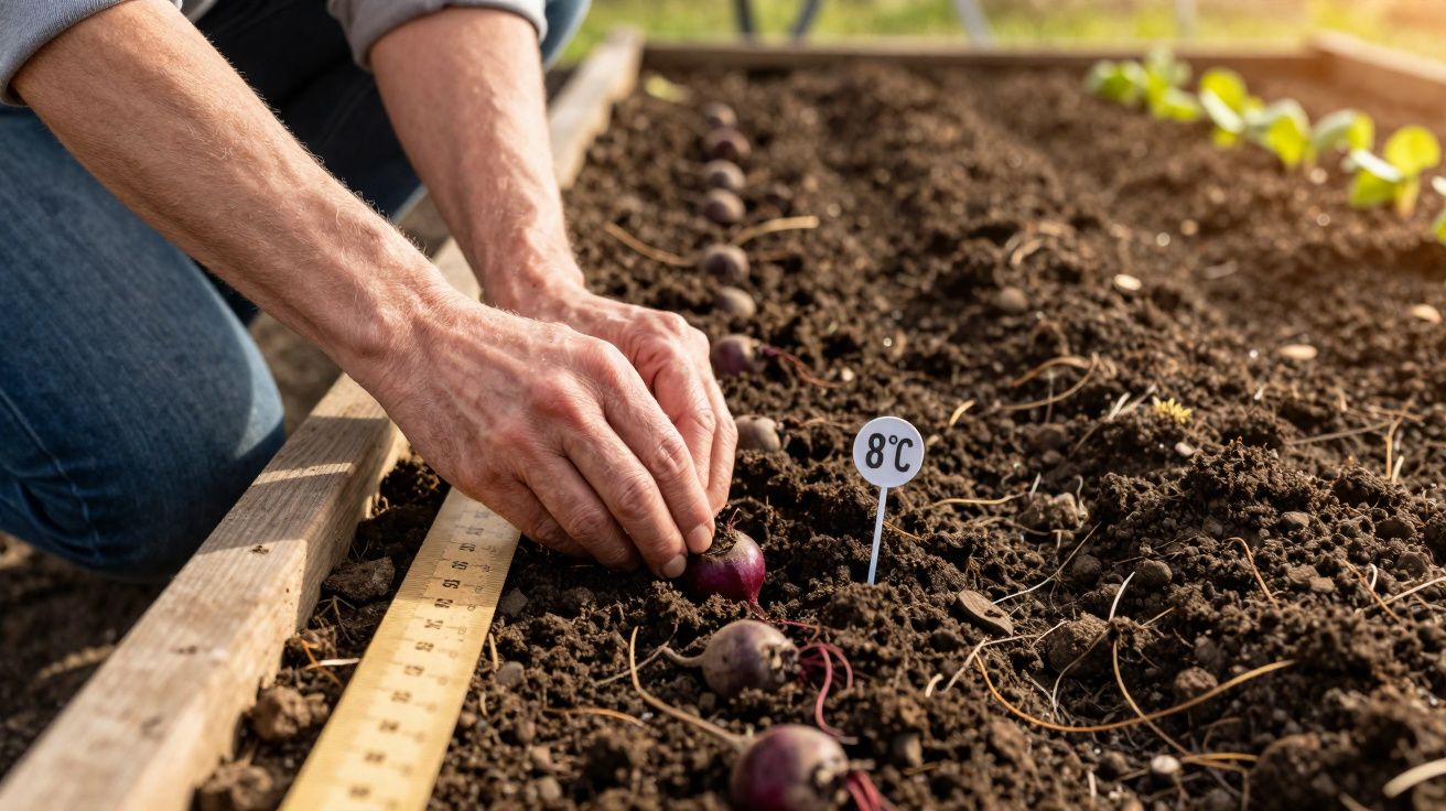 Mãos plantando cebolas roxas em canteiro de terra com marcador de temperatura de 8ºC.