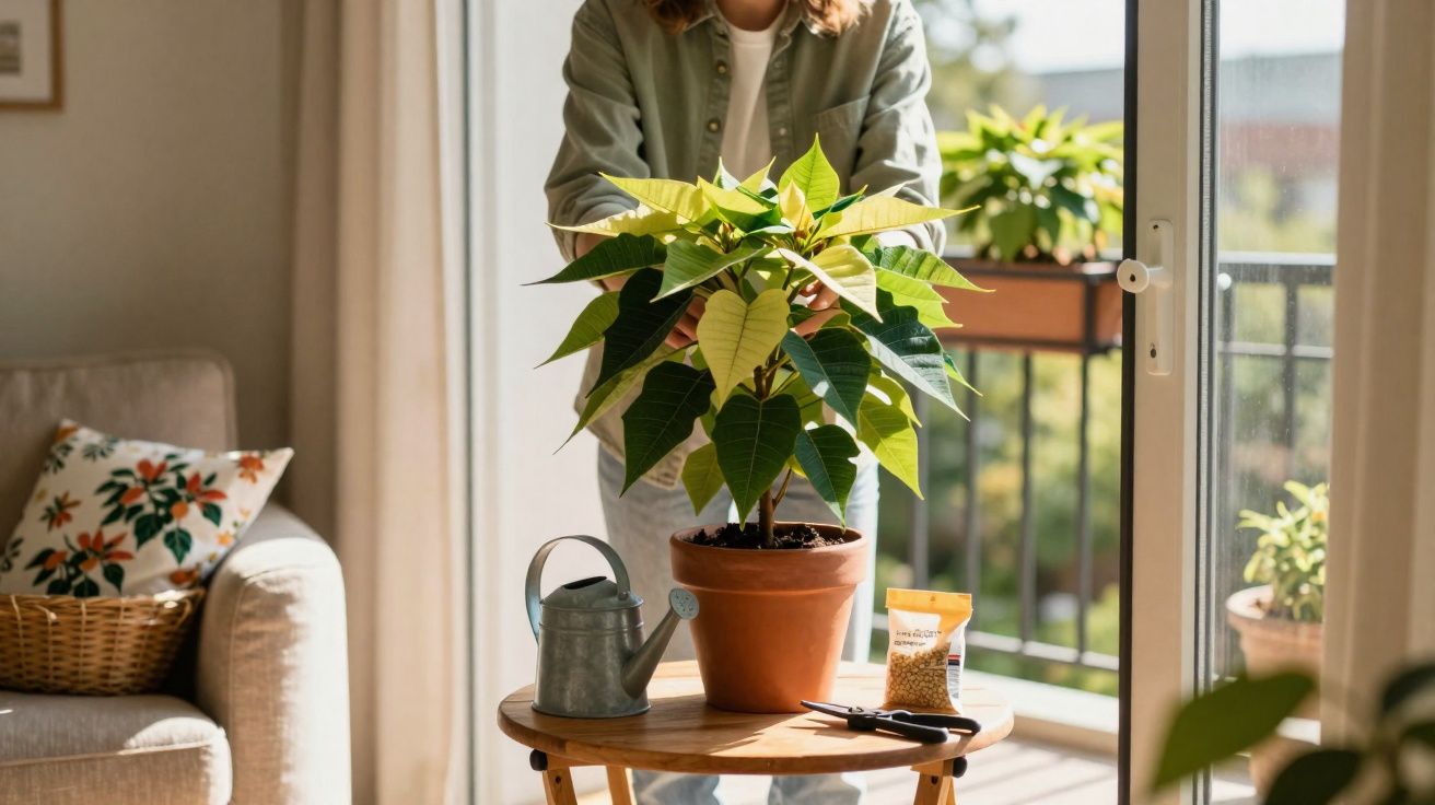 Pessoa a cuidar de uma planta num vaso de barro numa mesa redonda junto a uma varanda aberta.