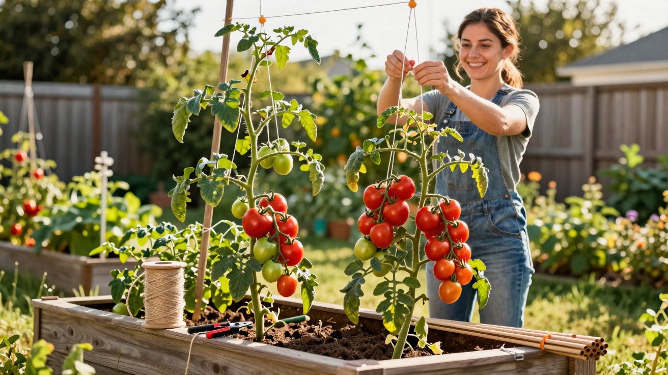 Mulher sorridente a cuidar de plantas de tomateiras com frutos maduros em jardim elevado ao ar livre.