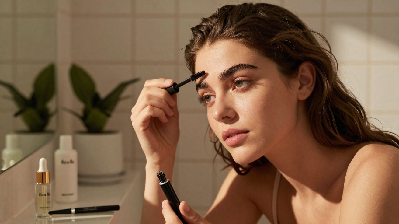 Jovem aplica máscara nas sobrancelhas diante do espelho numa casa de banho iluminada naturalmente.
