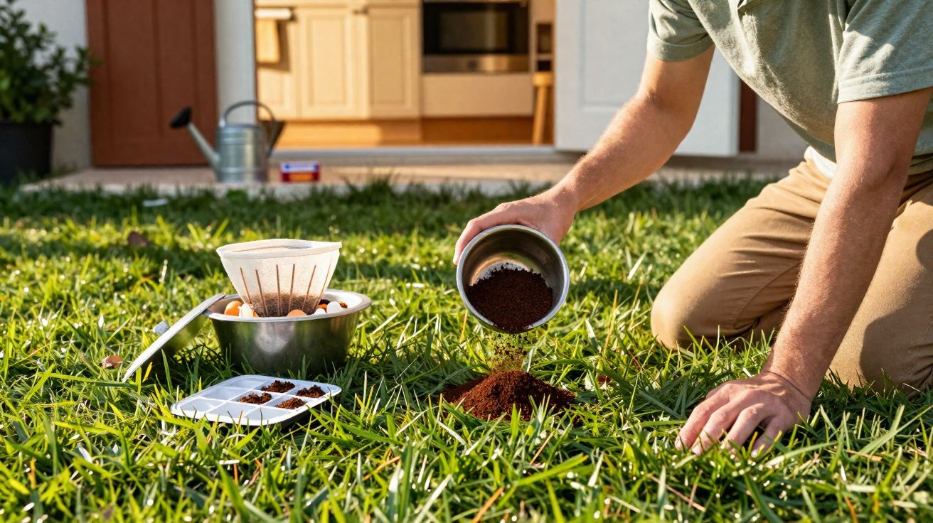 Pessoa a deitar borra de café no relvado durante atividade de jardinagem junto a casa.