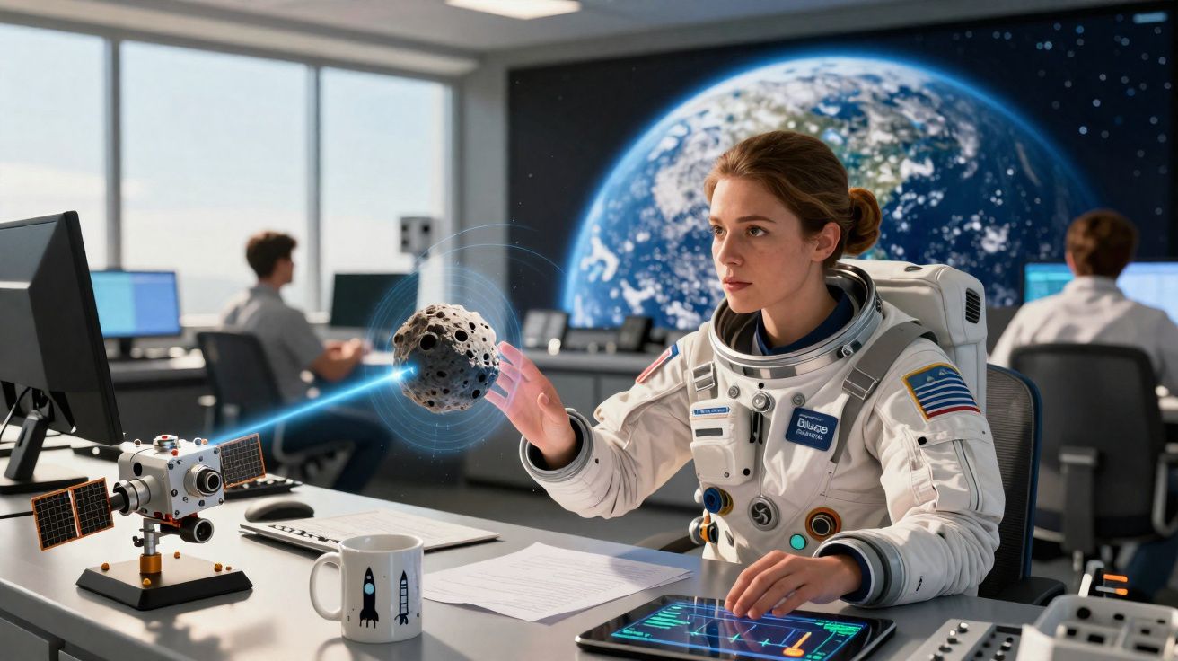 Astronauta usando tecnologia holográfica para estudar um asteróide num centro de controlo espacial.